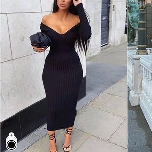 Fashion Nova Black Ribbed Off-Shoulder Midi Dress